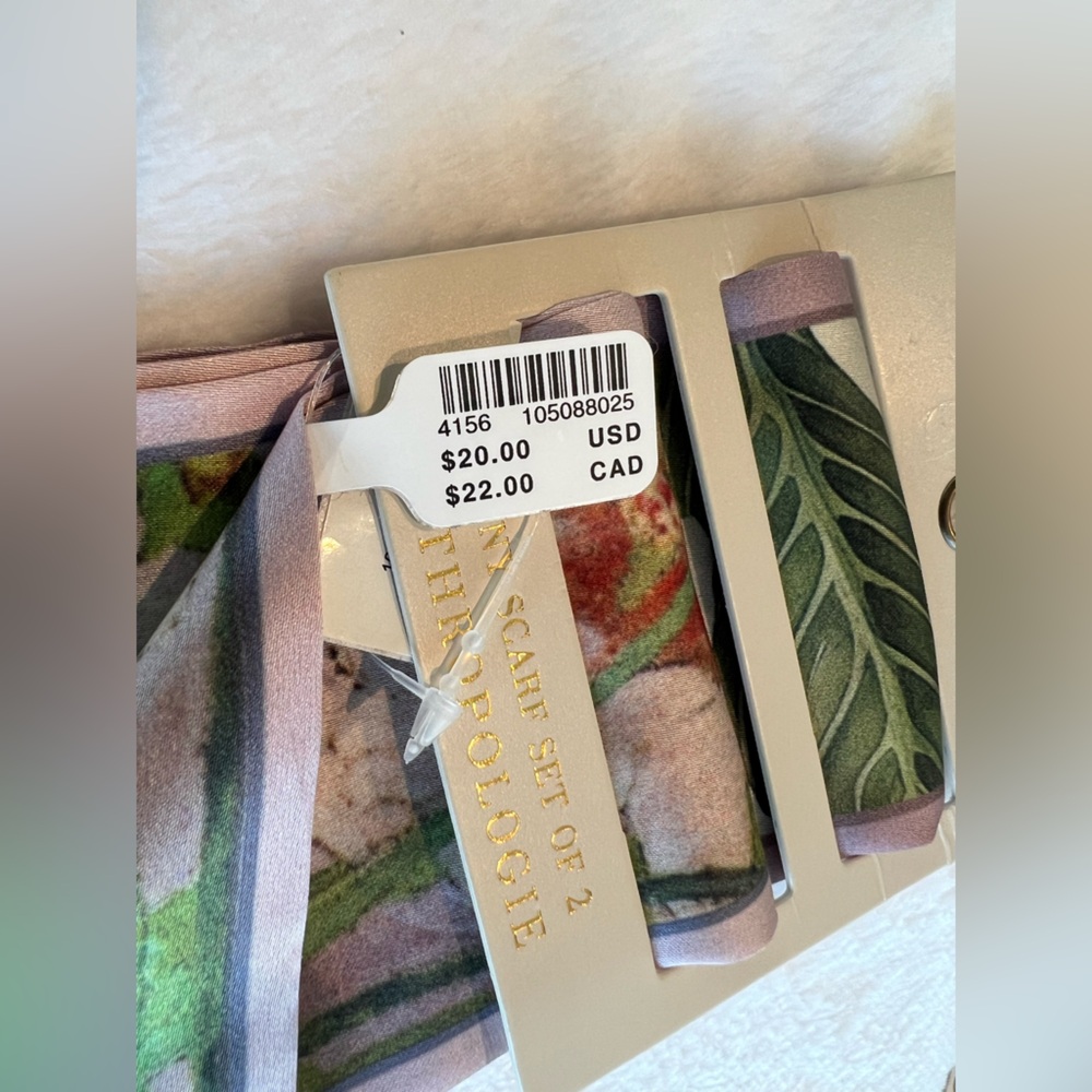 🌺Anthropologie Silky Skinny Hair Scarves NEW Pink Fig Floral Set of 2 - Picture 9 of 9